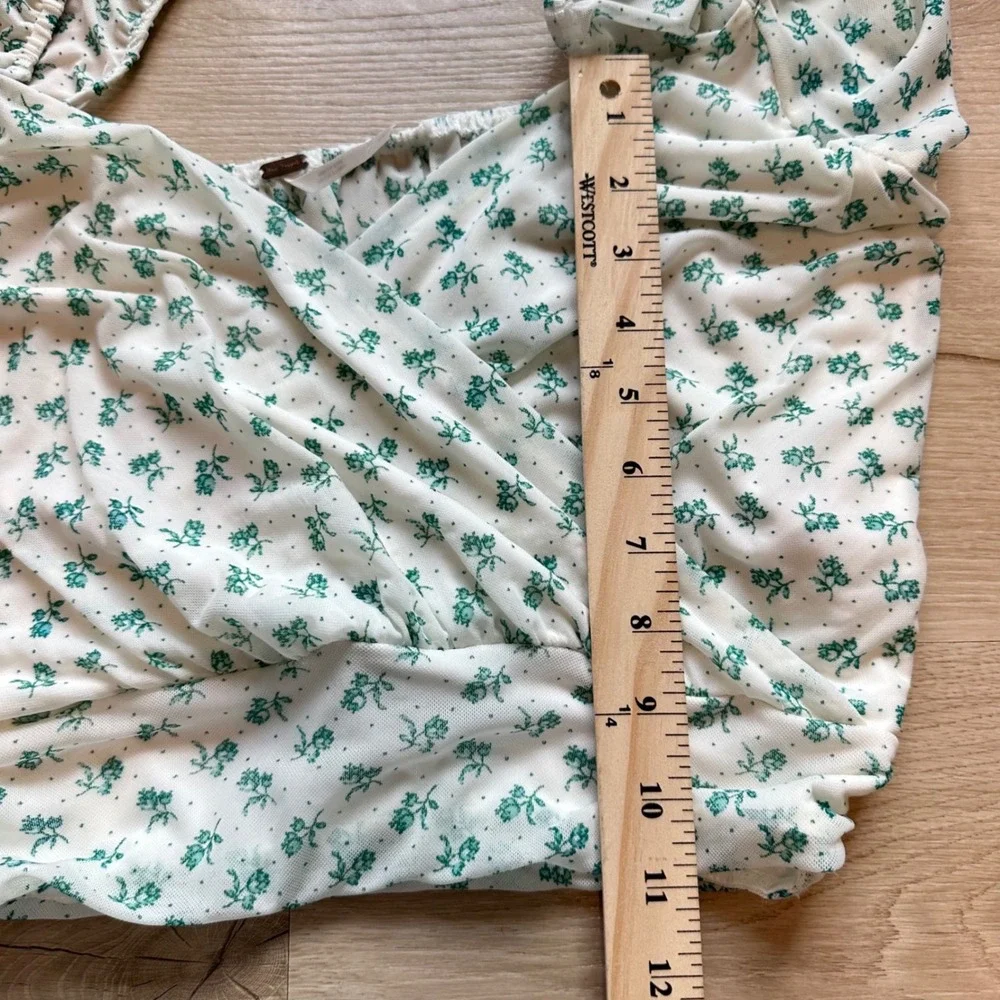 Free People Fia Wrap Top Women Boho Small White Green Floral Mesh Cottagecore